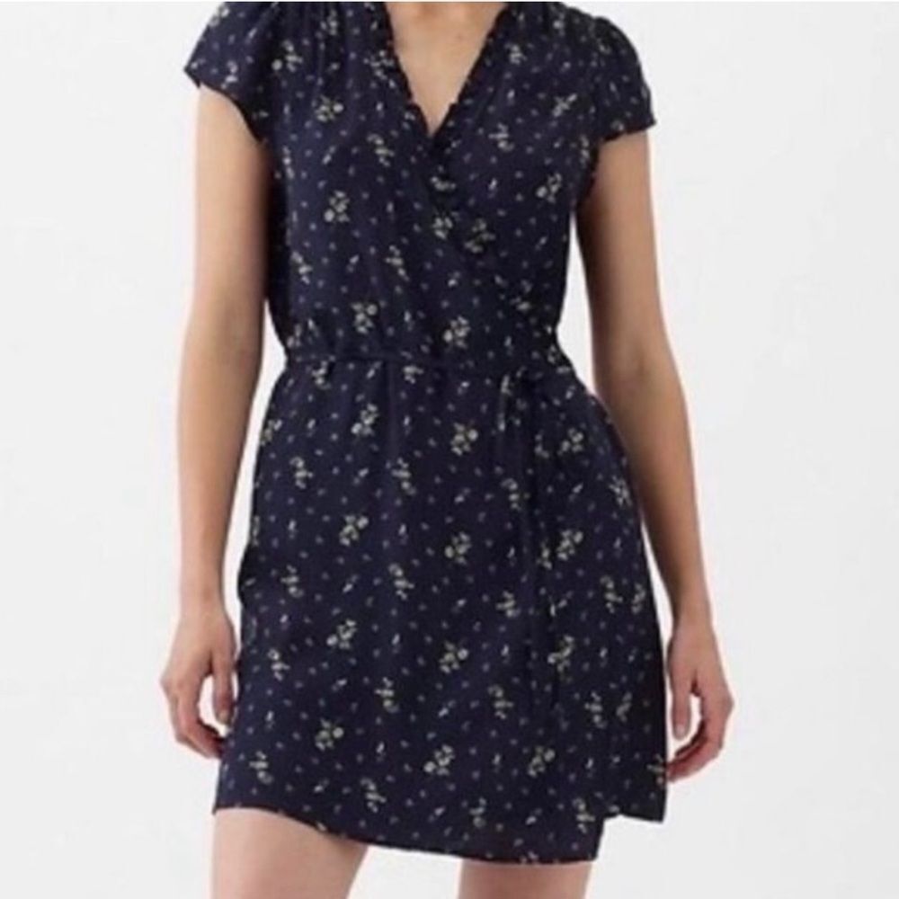 GAP XL Navy Yellow Ditsy Floral Flutter Short Sleeve Tie Waist Ruffle Hem Dress